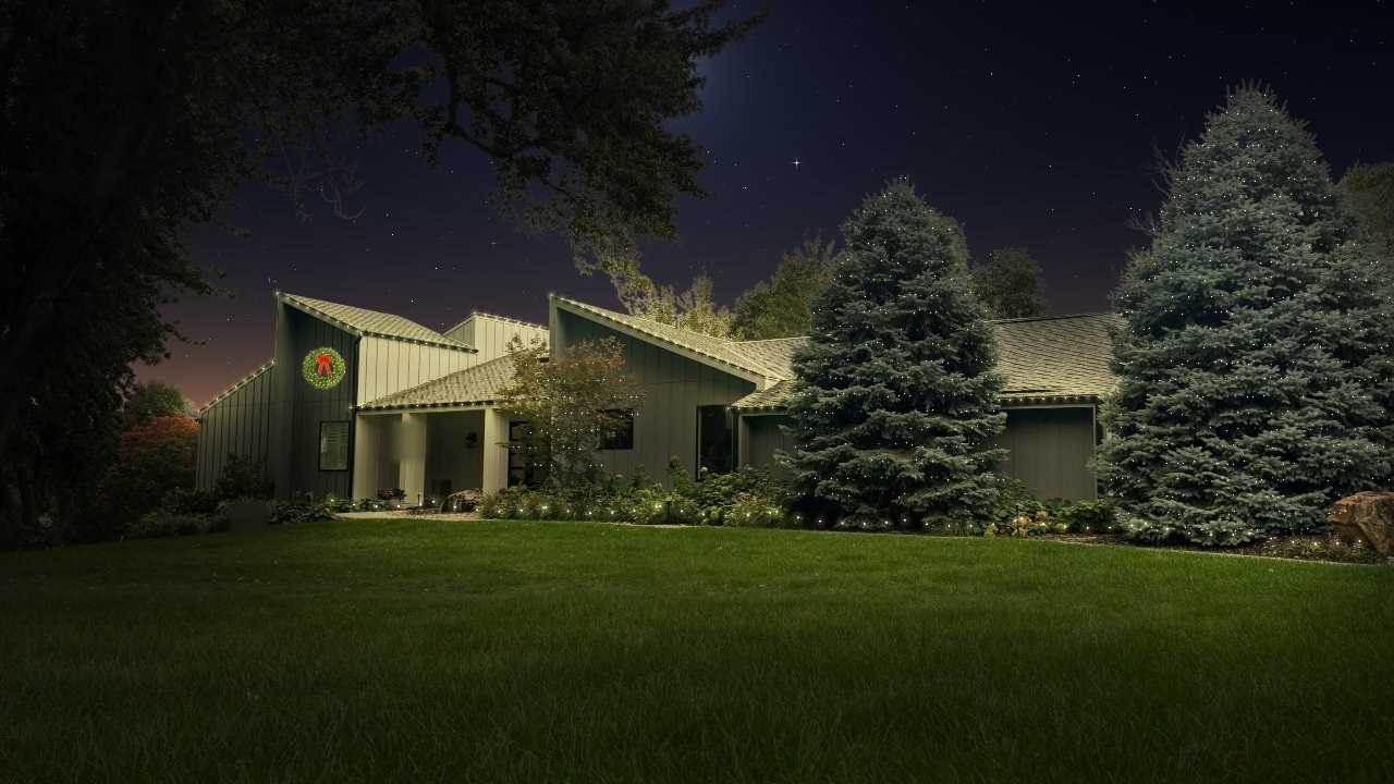 Glow Getter design rendering: roofline outlined in warm white, a lit wreath on the gable and glowing path lights through the beds.