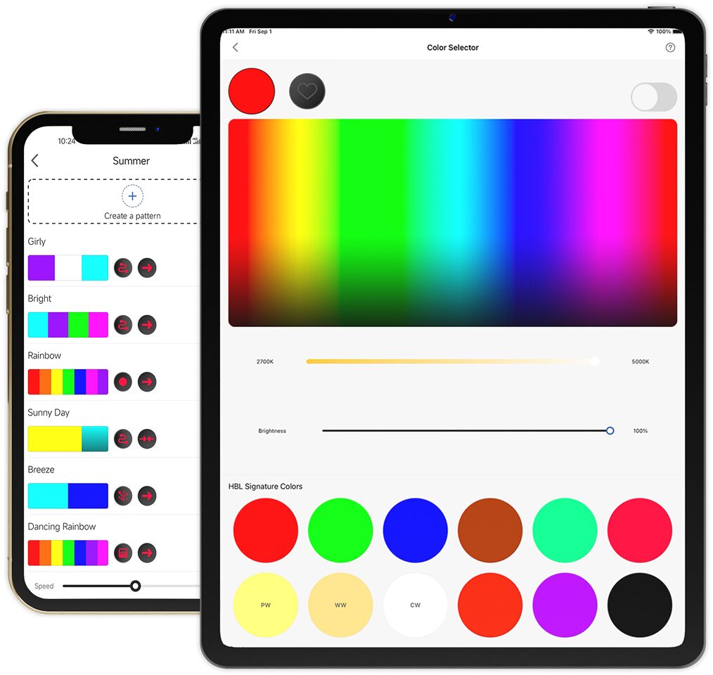Forever Lighting smart control app showing 16 million color selector, 2700K–5000K white temperature slider, and saved lighting patterns
